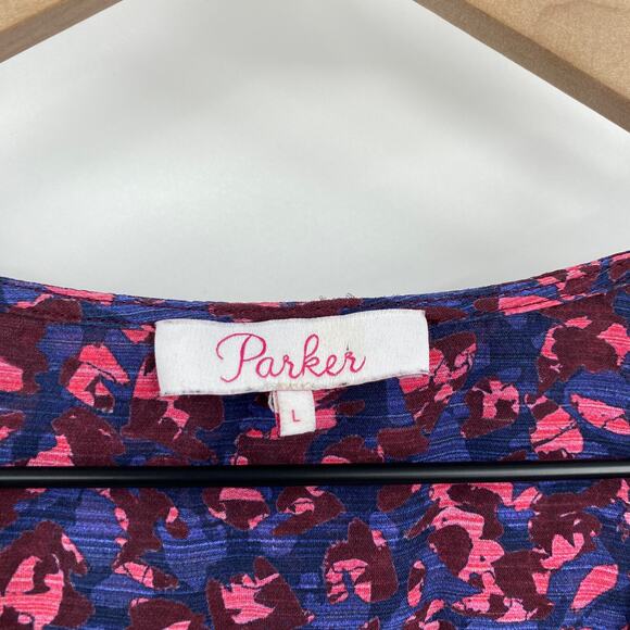 Parker Elizabeth Floral Long Sleeve Midi Dress Silk Blend Blouson Faux Wrap L - Picture 8 of 10